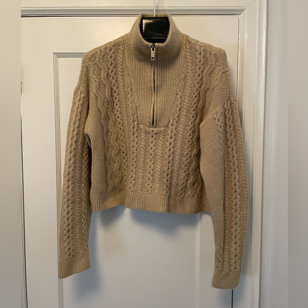 Cloth by Design Cropped 1/4 Zip Cable Knit Beige Sweater